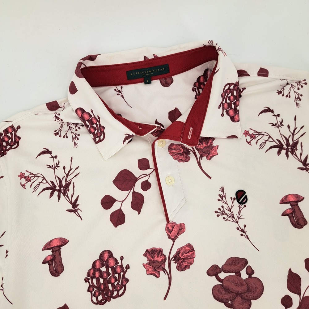 Extracurricular Los Angeles Mens Mushroom Botanical Polo Shirt Cream Burgundy L